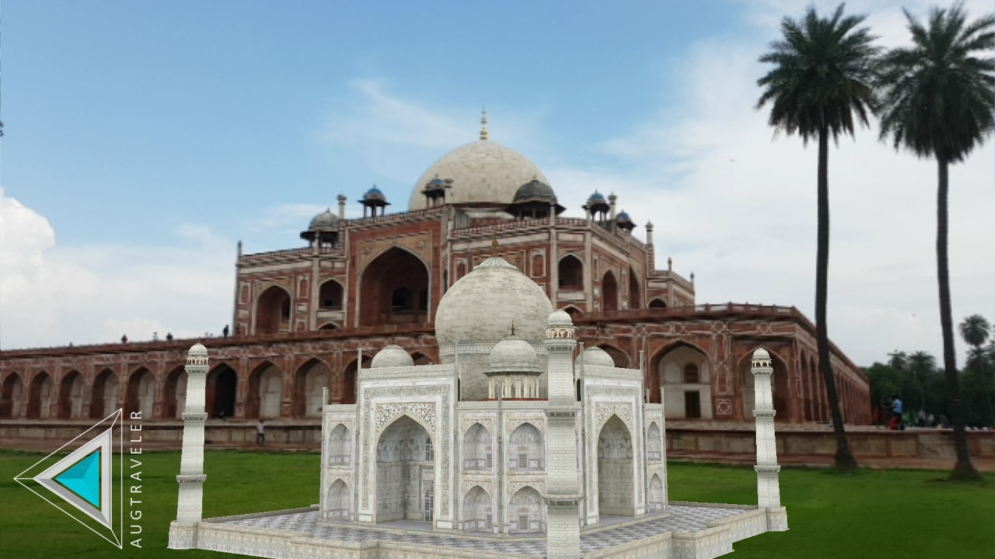 Augmented reality Model of the Taj at Humayun’s tomb complex Delhi. Highlighting the design influences of the tomb on the Taj Mahal. © AUGTRAVELER.